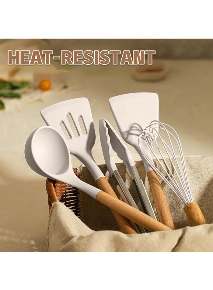 Kitchen Cooking Utensils Set, 12 pcs Non-Stick Silicone Cooking Kitchen Utensils Spatula Set with Holder, Wooden Handle Silicone Kitchen Gadgets Utensil Set - Image 4