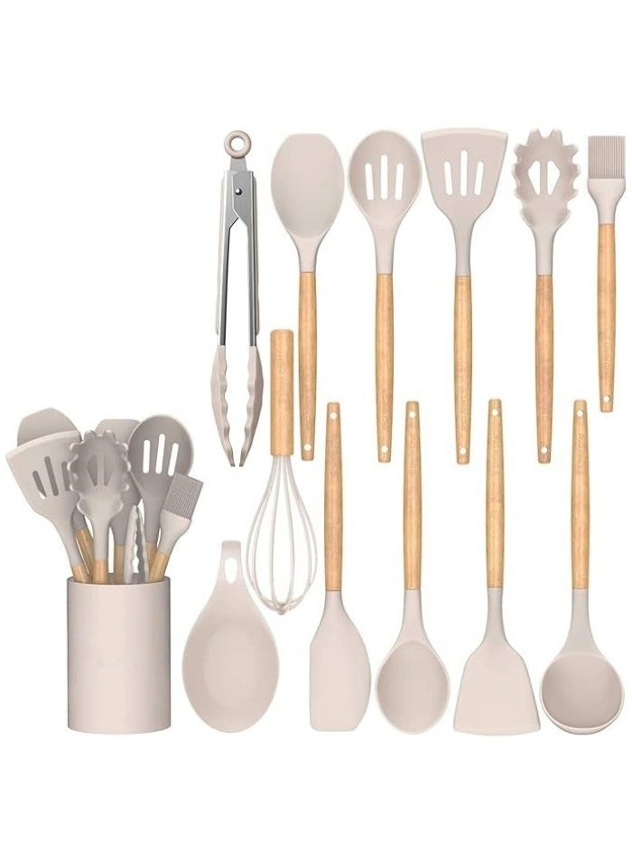 Kitchen Cooking Utensils Set, 12 pcs Non-Stick Silicone Cooking Kitchen Utensils Spatula Set with Holder, Wooden Handle Silicone Kitchen Gadgets Utensil Set - Image 1