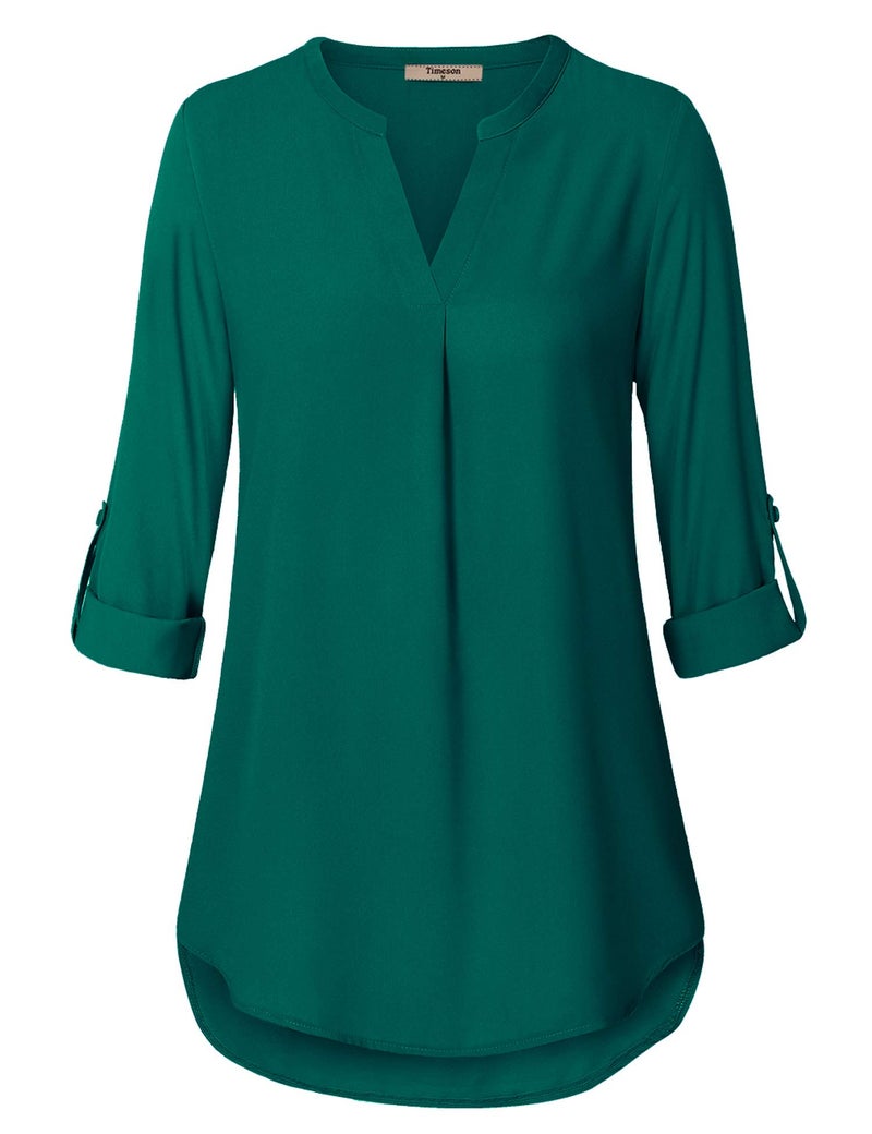 Timeson Blouses for Women,Women's Blouse for Office Work Dressy 3/4 Sleeve Chiffon Tunics Tops Office Wear Business Attire Dress Shirts Ladies V Neck Tops Green - Image 2