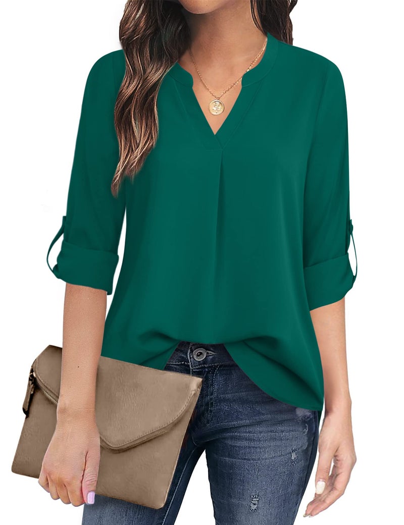 Timeson Blouses for Women,Women's Blouse for Office Work Dressy 3/4 Sleeve Chiffon Tunics Tops Office Wear Business Attire Dress Shirts Ladies V Neck Tops Green - Image 1