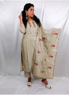PRIYA’S PANACHE PRIYA'S PANACHE Beautiful Silk Fabric Beige Straight Kurta Pant Dupatta Set - Designer Festival Traditional Ethnic Indian Partywear For Women  - Image 5