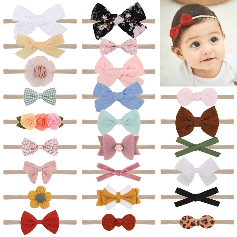 doboi Baby Girl Headbands 24PCS Nylon Linen Handmade Hairbands with Hair Bows and Accessories for Newborns Infants Toddlers and Little Kids