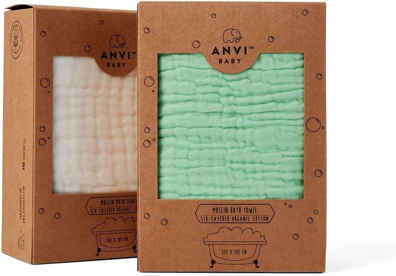 Anvi Baby Set of 2 Organic Muslin Soft Antibacterial Baby Bath Towels - Green & White 105x105cm - Image 1