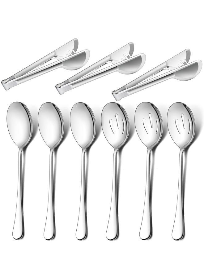 LIANYU 3 Large Serving Spoons, 3 Slotted Serving Spoons, 3 Serving Tongs, 9.8 Inch Stainless Steel Buffet Banquet Catering Serving Spoons Set, Dishwasher Safe - Image 1