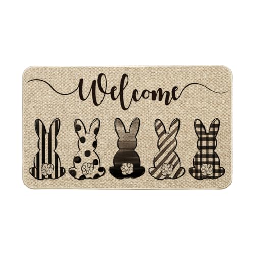 Artoid Mode Cute Buffalo Plaid Stripes Dot Bunny Welcome Easter Doormat Seasonal Spring Summer Holiday Yard Floor Switch Mat for Indoor Outdoor 17 x 29 Inch - Image 1
