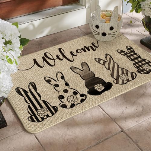 Artoid Mode Cute Buffalo Plaid Stripes Dot Bunny Welcome Easter Doormat Seasonal Spring Summer Holiday Yard Floor Switch Mat for Indoor Outdoor 17 x 29 Inch - Image 3