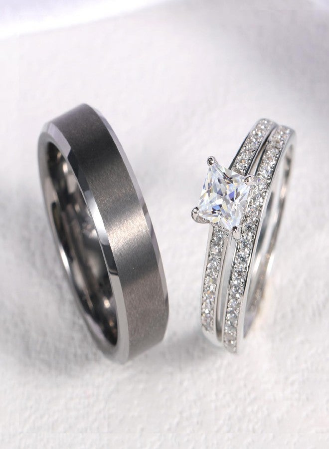 Corato Promise Rings for Couple - Princess Cut Fake Engagement Ring Set & Men's Tungsten Ring - Wedding Rings for Him and Her Women 6+ Men 9 - Image 5