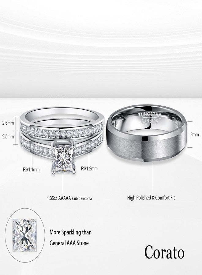 Corato Promise Rings for Couple - Princess Cut Fake Engagement Ring Set & Men's Tungsten Ring - Wedding Rings for Him and Her Women 6+ Men 9 - Image 4