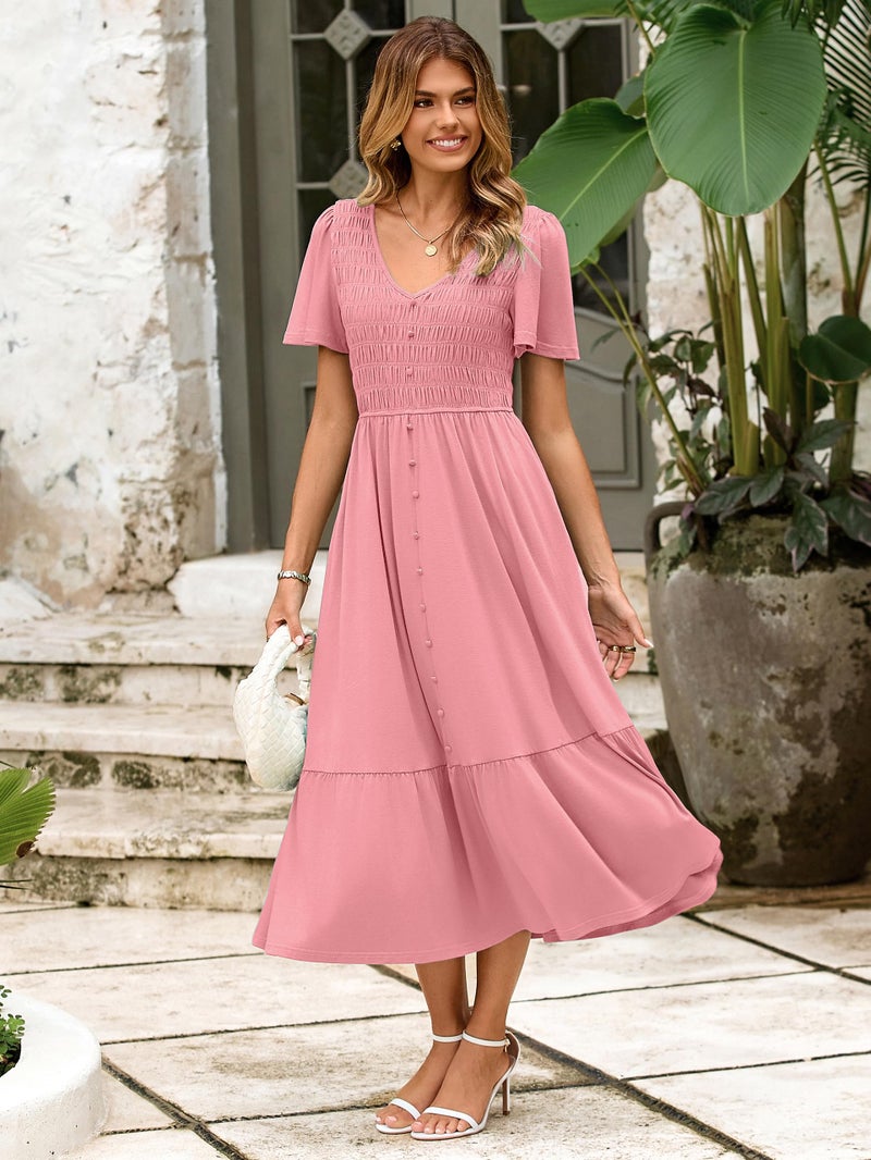 Simplee Apparel Simplee Womens Summer Smocked Flowy Dress - Casual Flutter Sleeve Tiered Boho Maxi Dresses with Pockets Dark Pink XL - Image 4