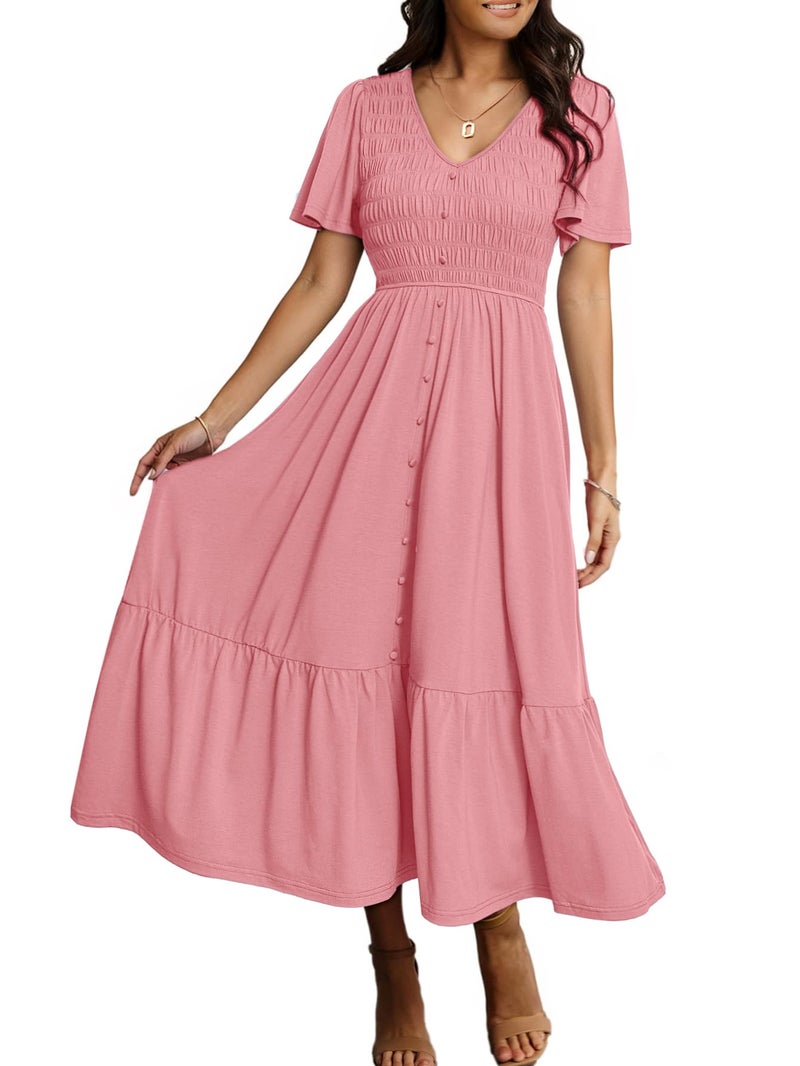 Simplee Apparel Simplee Womens Summer Smocked Flowy Dress - Casual Flutter Sleeve Tiered Boho Maxi Dresses with Pockets Dark Pink XL - Image 1