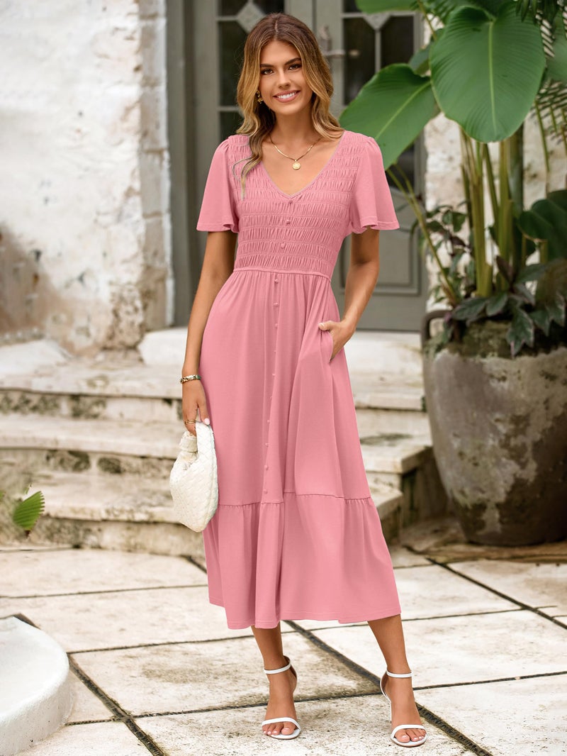 Simplee Apparel Simplee Womens Summer Smocked Flowy Dress - Casual Flutter Sleeve Tiered Boho Maxi Dresses with Pockets Dark Pink XL - Image 5