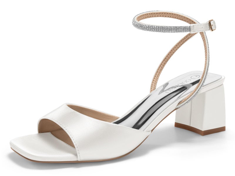 Coutgo Womens Heeled Sandals Rhinestone Chunky Low Heels Satin Square Toe One Strap Ankle Buckle Dress Shoes, White, Size 9 - Image 1