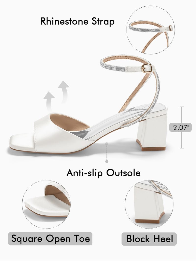 Coutgo Womens Heeled Sandals Rhinestone Chunky Low Heels Satin Square Toe One Strap Ankle Buckle Dress Shoes, White, Size 9 - Image 5