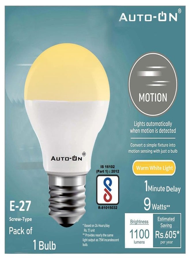 Auto-ON Motion Sensor LED Bulb E27 Screw Type (9W) (Automatic ON/OFF) (Works both during Day/Night) (Only Motion Sensing) (One Year Warranty) - (Yellow,Pack of 1) - Image 1