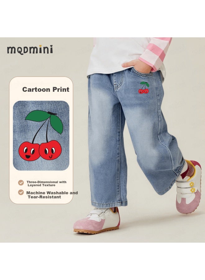 Mqdmini Girls' Denim Jeans Children's Straight-leg Loose Fit Casual Outdoor Pants Cherry Girl - Image 1