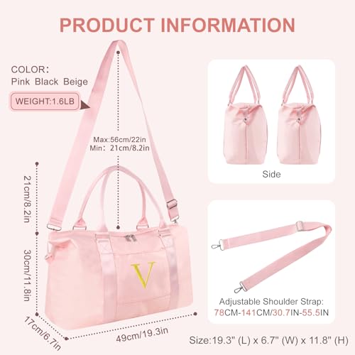 Iqimott Personalized Initial Gym Dance Bag Travel Duffel Bag for Teen Girls Carry On Bag Overnight Weekender Bag with Trolley Sleeve Birthday Gifts for Women Mom Daughter Graduation GiftLetter V Pink - Image 3