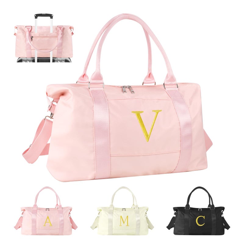 Iqimott Personalized Initial Gym Dance Bag Travel Duffel Bag for Teen Girls Carry On Bag Overnight Weekender Bag with Trolley Sleeve Birthday Gifts for Women Mom Daughter Graduation GiftLetter V Pink - Image 2