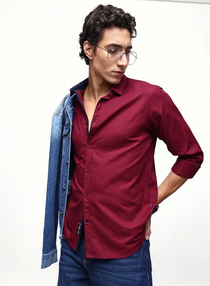 Men's Maroon 100% Cotton Casual Button Down Regular Fit Shirt