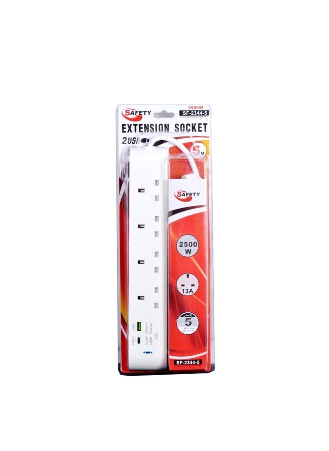 SAFETY Extension Cord 5m With 2-USB And 4-AC Ports Max Power 2500W White 