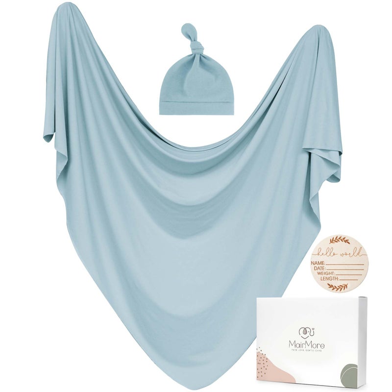 MairMore Baby Swaddle Receiving Blankets with Matching Beanie Set Newborn Nursery Swaddle Wrap for Baby Girls and Boys (Blue) - Image 1