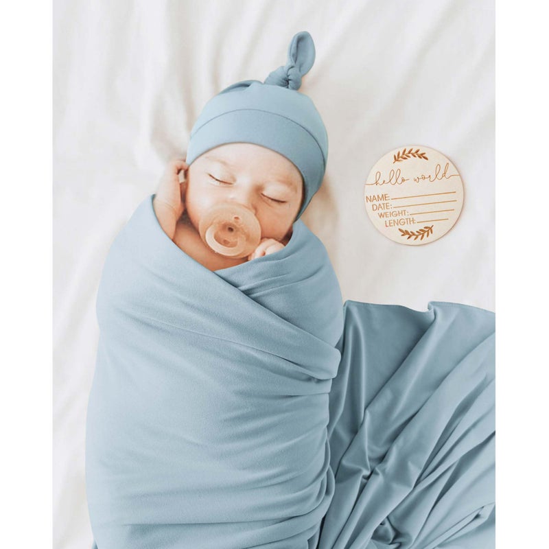 MairMore Baby Swaddle Receiving Blankets with Matching Beanie Set Newborn Nursery Swaddle Wrap for Baby Girls and Boys (Blue) - Image 2