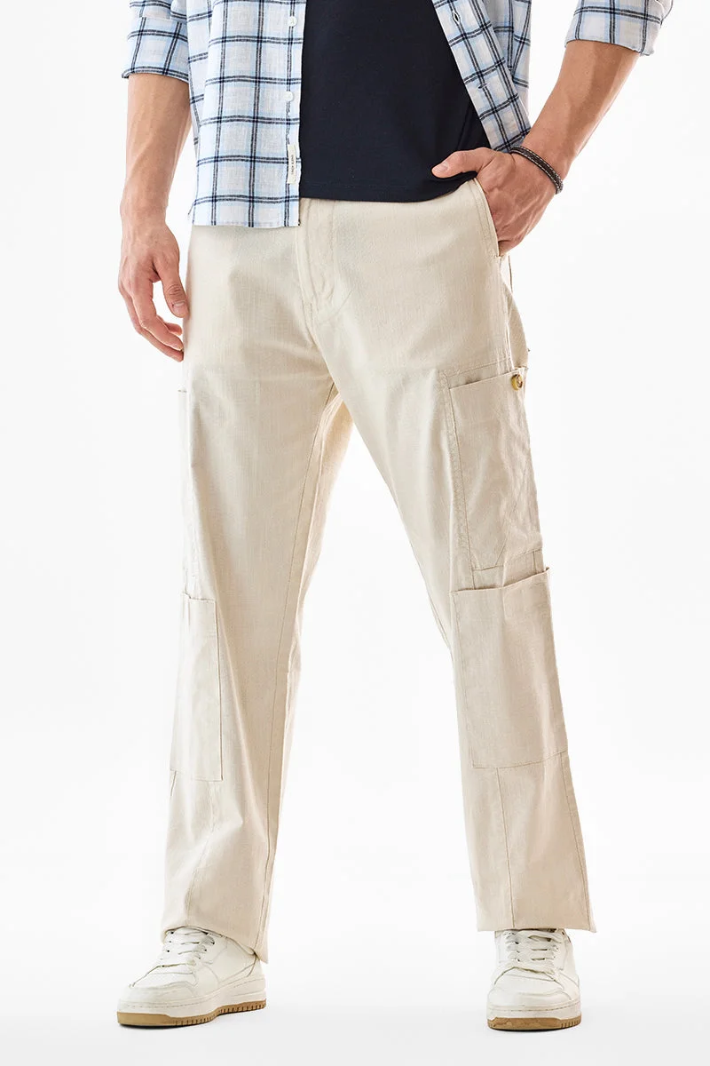 سنيتش Beige Solid Loose Fit Streetwear Cargo
