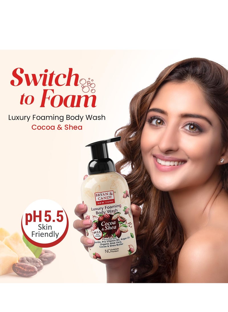 BRYAN & CANDY Bryan And Candy Cocoa Shea Luxury Foaming Body Wash with Pentavitin Pro Vit B5 Argan Oil Aloe Vera Cocoa Shea Butter Skin Friendly pH 5.5 All Skin Types 400 Ml  - Image 2
