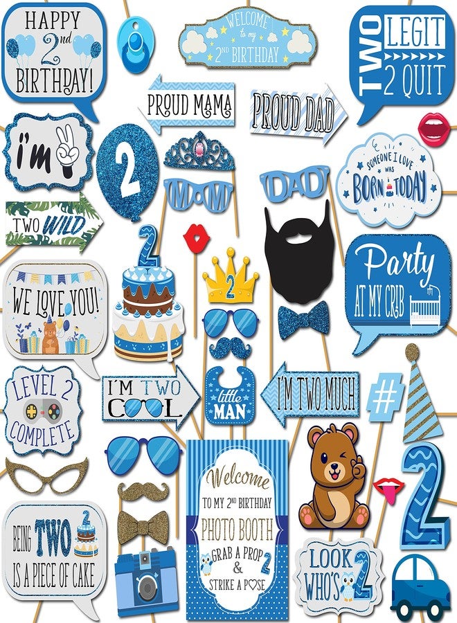 Outside The Booth 2nd Birthday Boy Photo Booth Props - 41-pc Photobooth Kit with 8 x 10-Inch Sign, 60 Adhesive Pads, 45 Sticks - 2nd Birthday Decorations for Boys - Image 1
