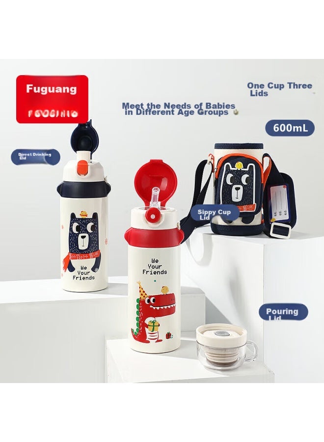 Tomimitsu Fuguang Children's Insulated Water Bottle, 316 Stainless Steel, For Boys And Girls, Elementary School Students, Large Capacity, For Toddlers And Kindergarten, With Straw, 600ml - Image 1