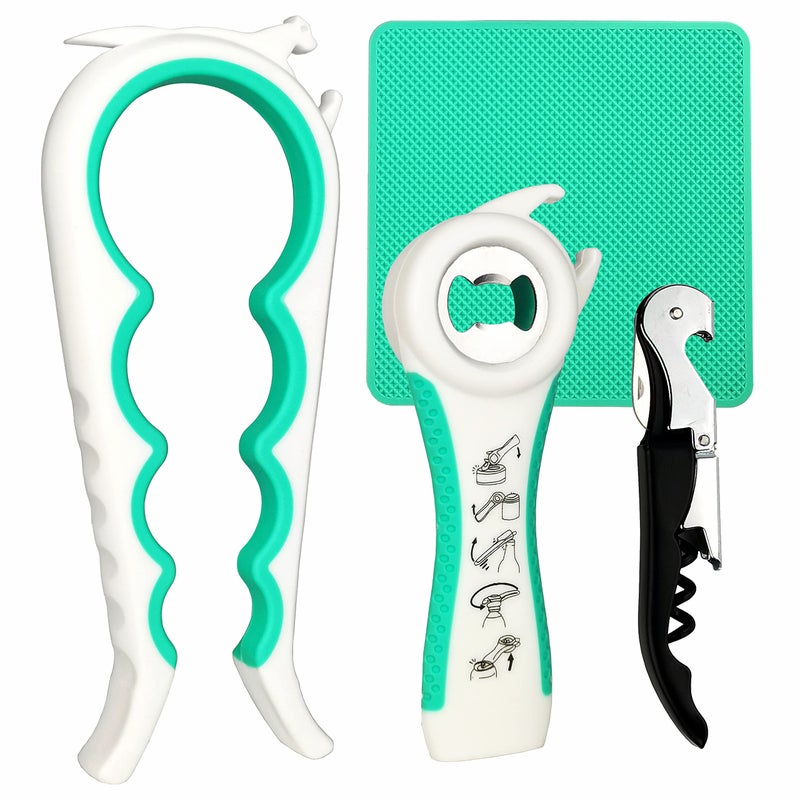 Otstar Latest Jar Opener Bottle Opener tool for Weak HandsSeniors with ArthritisLow Strength and Children Multi Opener Set with Rubber Jar Gripper Pad and Corkscrew Wine Opener
