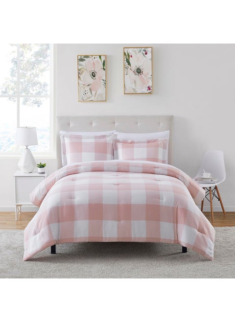 7 Piece Comforter Set Bag Solid Color All Season Soft Down Alternative Blanket & Luxurious Microfiber Bed Sheets  Twin  Checkered Box Blush