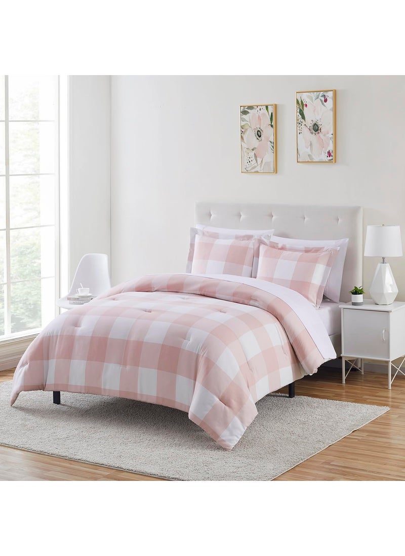 Sweet Home Collectio 7 Piece Comforter Set Bag Solid Color All Season Soft Down Alternative Blanket & Luxurious Microfiber Bed Sheets  Twin  Checkered Box Blush  - Image 2