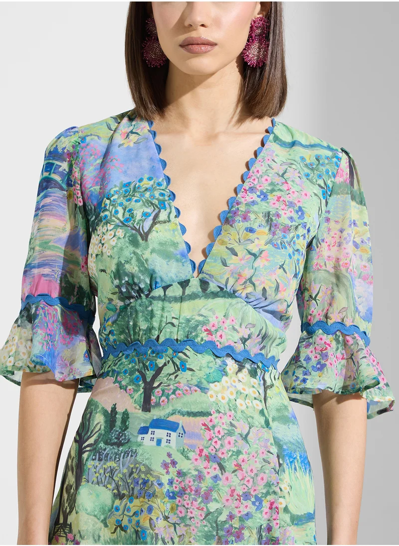 هوب اند ايفي Frill Sleeve Maxi Dress with Thigh Split