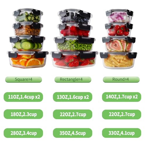 HOMBERKING 24pc Glass Food Storage Containers with Lids, Glass Meal Prep Containers with Leak Proof Snap Lock Lids, Airtight Bento Lunch Boxes, Kitchen Storage (12 lids & 12 Containers) - Black - Image 2