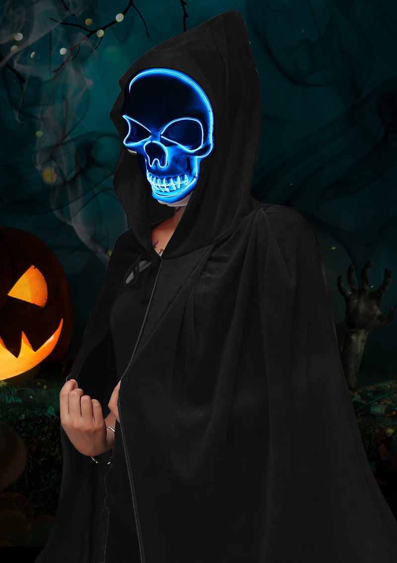 Double Couple Halloween Costumes for Adults with Scary Light up Mask Cosplay Cape Costumes Cloak with Hood for Women Men - Image 2