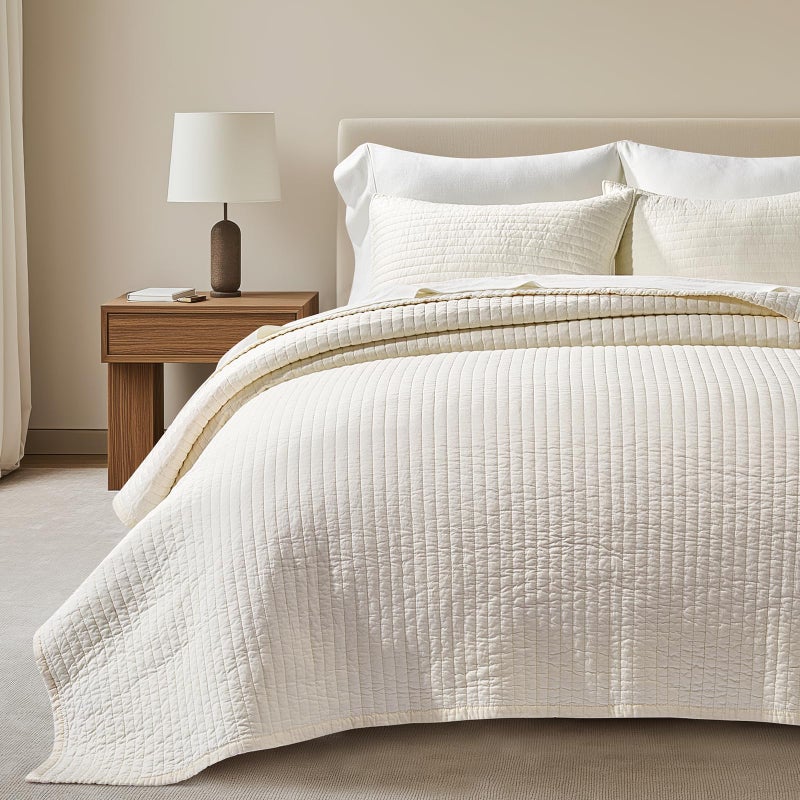 EVERGRACEHOME Cotton Sateen Quilt Set Queen Size, Pre-Washed Cotton Channel Stitch Coverlet Bedspread, 3 Pieces Lightweight Soft Bedding Sets for All Season, with 2 Pillow Shams, Cream - Image 1