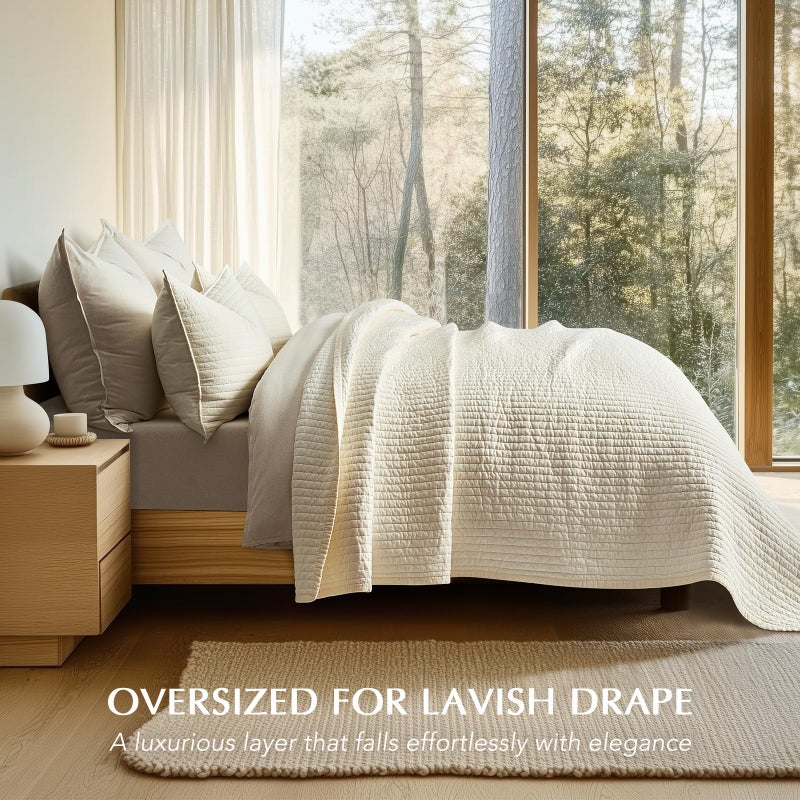 EVERGRACEHOME Cotton Sateen Quilt Set Queen Size, Pre-Washed Cotton Channel Stitch Coverlet Bedspread, 3 Pieces Lightweight Soft Bedding Sets for All Season, with 2 Pillow Shams, Cream - Image 2