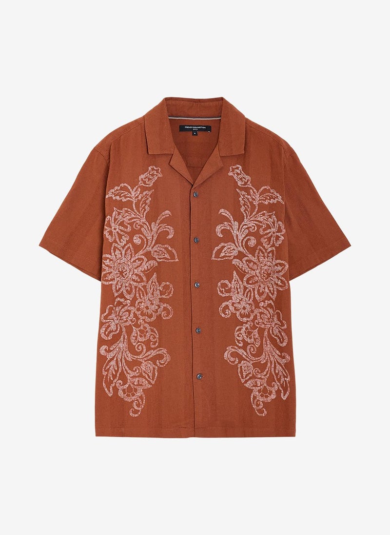 French Connection Men's Shortst Sleeve Dobby Brown Floral Print Holiday Shirt - Image 3