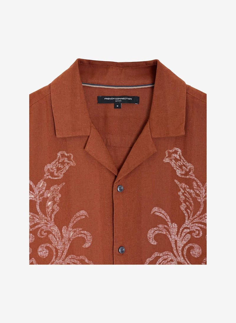 French Connection Men's Shortst Sleeve Dobby Brown Floral Print Holiday Shirt - Image 5