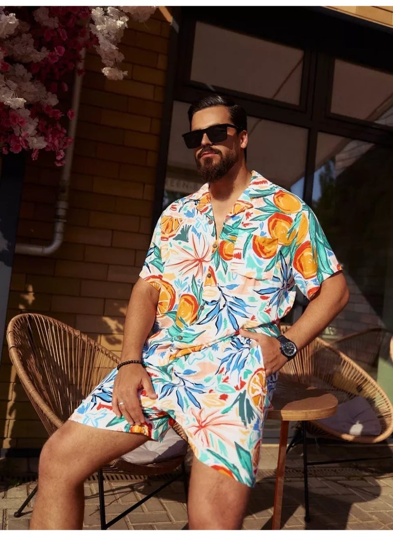 Men's Summer Beachwear Set, Hawaiian Print Shirt and Shorts, Lightweight & Breathable, Extra Large Sizes - Image 1