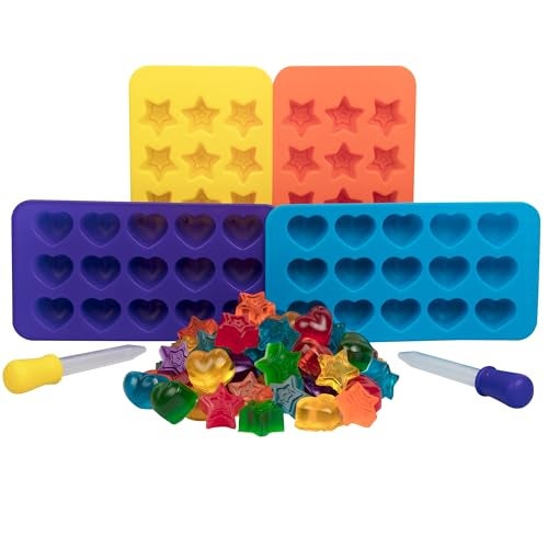 SCS Direct Silicone Gummy Star & Heart Candy Molds- 4 Pack BPA-Free Chocolate Mold Set w 2 Droppers- Nonstick Flexible Baking Trays for Gummies, Candy, Ice Cubes- Makes 60 Pieces- Great for Homemade Easter Candy - Image 1