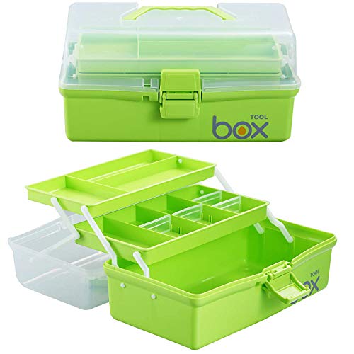 JUGTE Multipurpose Tools Storage Box Organizer 3-Layer Plastic Handled Case For Art Craft Cosmetic Sewing Supplies Medicine Organiser Family First Aid With Handle (Green10 Cm) - Image 1