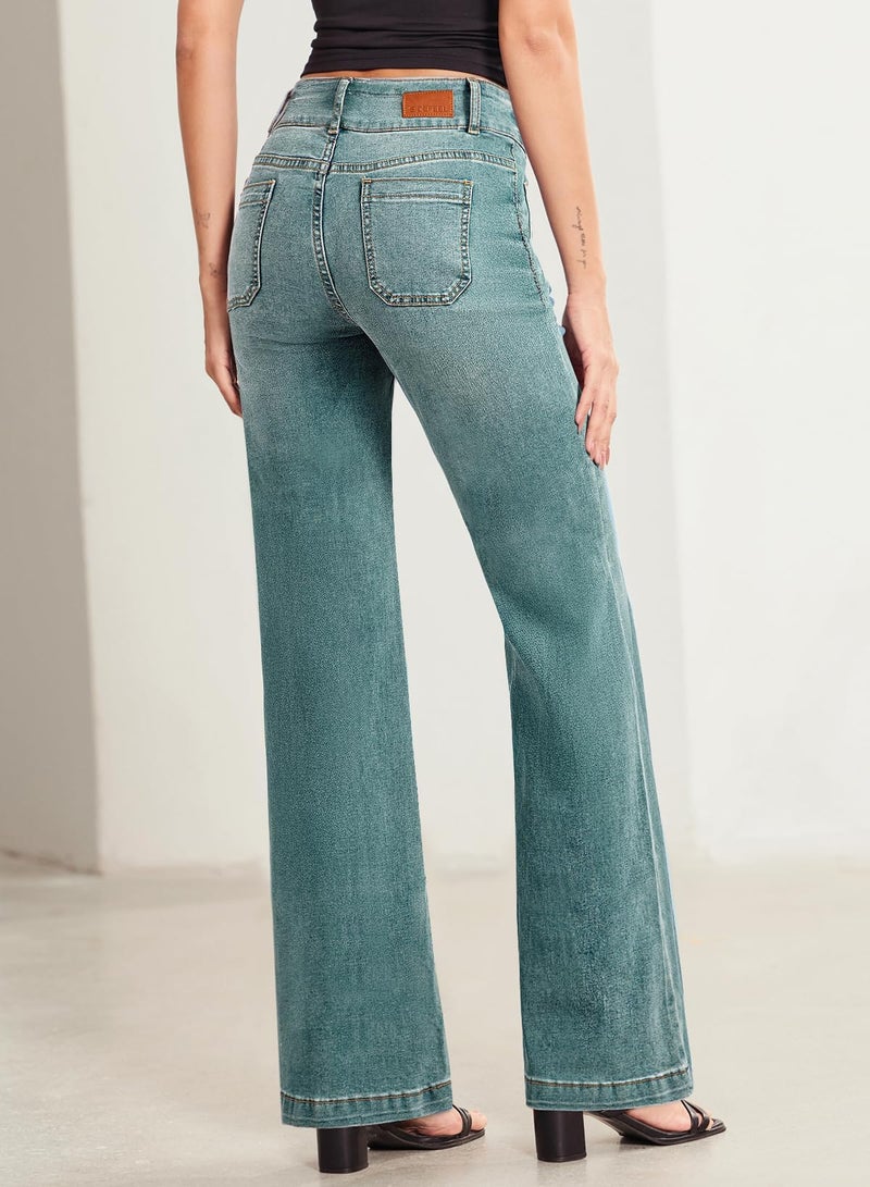 Sidefeel Women's Jeans Spring Outfit High Waisted Tummy Control Wide Leg Pockets Front Denim Pants Sky Blue Size 6 - Image 2