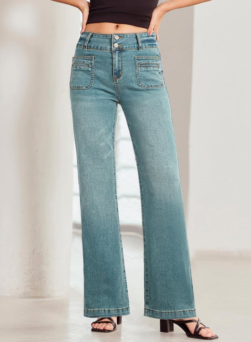 Sidefeel Women's Jeans Spring Outfit High Waisted Tummy Control Wide Leg Pockets Front Denim Pants Sky Blue Size 6 - Image 4