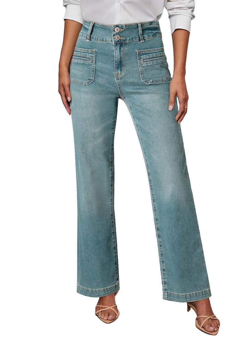 Sidefeel Women's Jeans Spring Outfit High Waisted Tummy Control Wide Leg Pockets Front Denim Pants Sky Blue Size 6 - Image 1