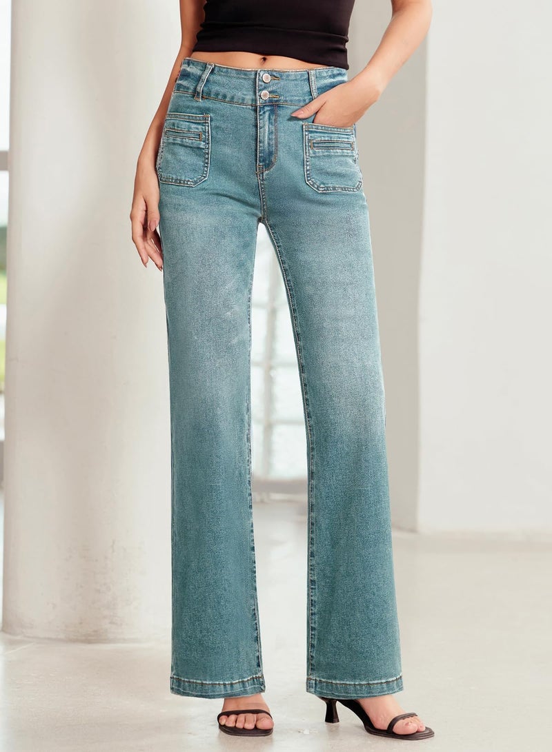 Sidefeel Women's Jeans Spring Outfit High Waisted Tummy Control Wide Leg Pockets Front Denim Pants Sky Blue Size 6 - Image 5