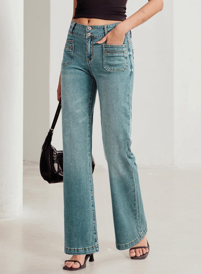 Sidefeel Women's Jeans Spring Outfit High Waisted Tummy Control Wide Leg Pockets Front Denim Pants Sky Blue Size 6 - Image 3
