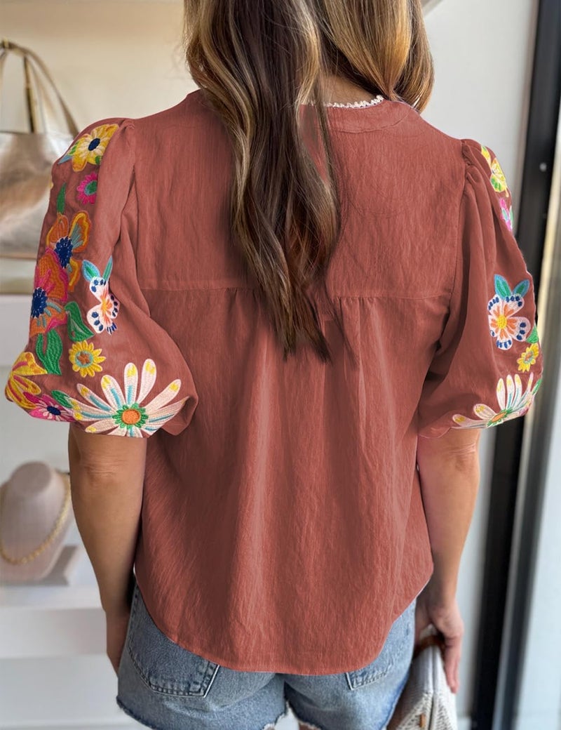 Ecosunny Women's Boho Embroidered Tops V Neck Floral Short Puff Sleeve Casual Shirts Loose Tunic Summer Blouses Fashion 2026 - Image 3