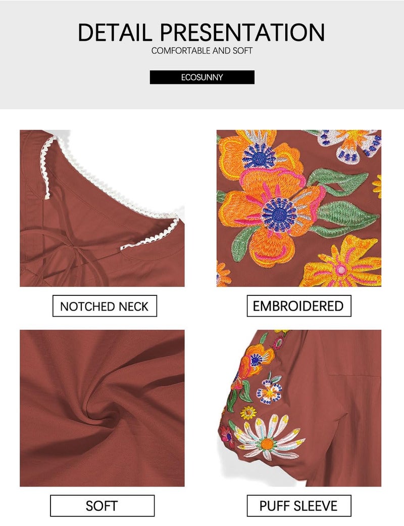 Ecosunny Women's Boho Embroidered Tops V Neck Floral Short Puff Sleeve Casual Shirts Loose Tunic Summer Blouses Fashion 2026 - Image 4