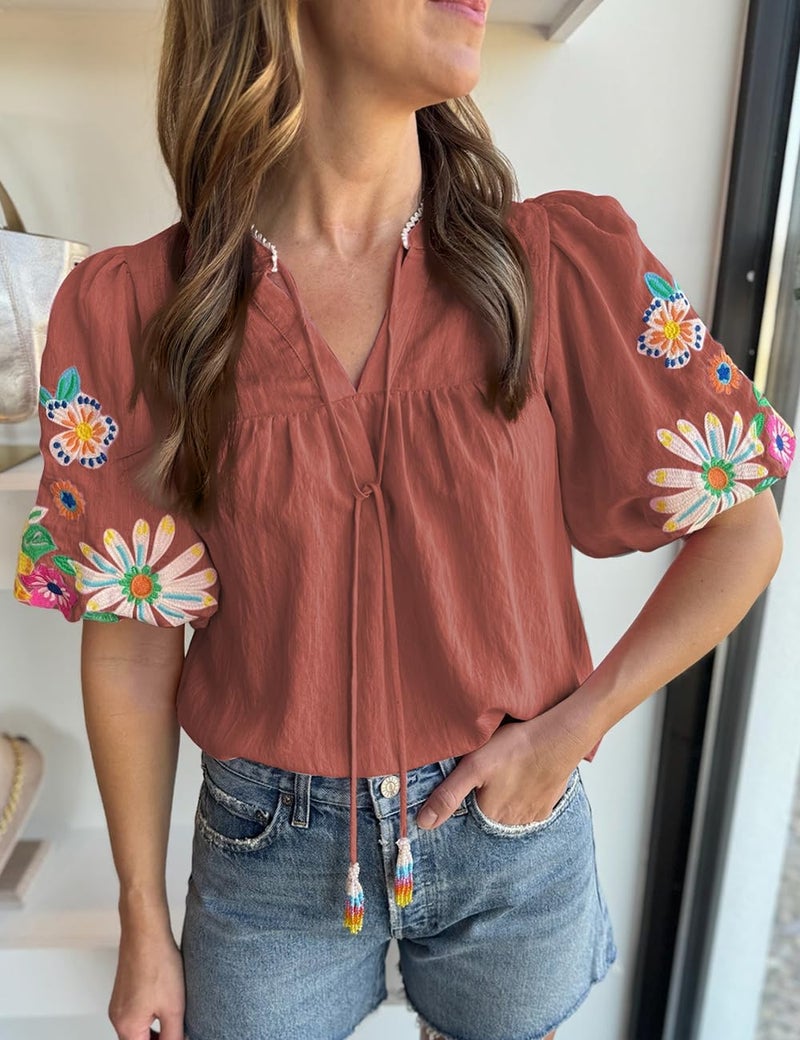 Ecosunny Women's Boho Embroidered Tops V Neck Floral Short Puff Sleeve Casual Shirts Loose Tunic Summer Blouses Fashion 2026 - Image 2